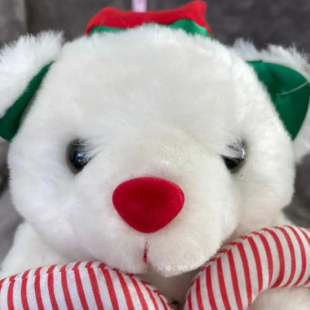 Vtg 90's White Christmas Bear Plush w/ Candy Canes & Santa Hat Green Feet TAGS
